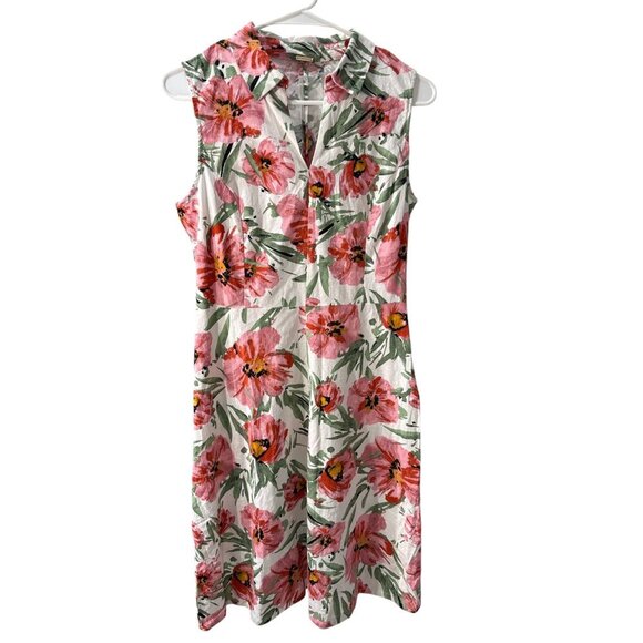 T Tahari White and Pink Floral Sleeveless Linen Blend Midi Dress Size 4, EUC - Picture 1 of 10